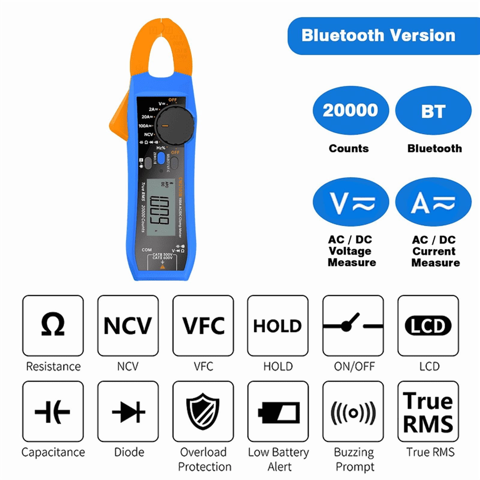 CM2100B Bluetooth Clamp Meter 100A 600V Meter 20000 Counts True RMS Capacitance Resistance Diode Clamp Multimeter,1 * Digital Tester 1 * multimeter pen 1 * Screwdriver 1 * case,Blue