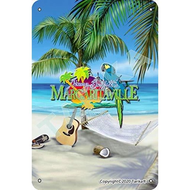 Hamaca con forma de loro en la playa de Margueriteville, pantuflas de guitarra, espejo de hierro vintage, decoración, letrero artesanal para el hogar, cocina, baño, tamaño: 8 x 12 pulgadas