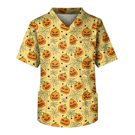 

Umitay Nurse Scrubs Fashion Men s Short Sleeve V Neck Halloween Printing Working Chest Pocket Carer Top