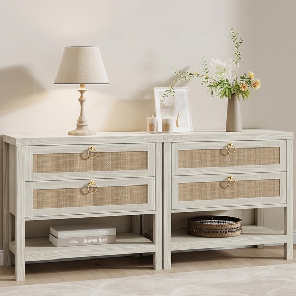 Large Rattan Nightstand Set of 2 with 2 Drawers & Storage Shelf | Boho Bedside Table End Table Side Table for Bedroom (Cream White Oak, 2 Pieces)