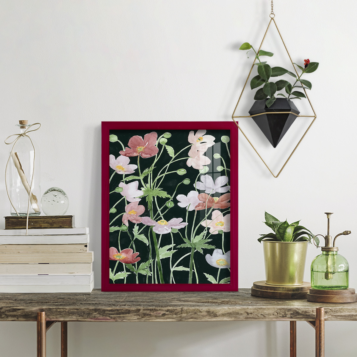 Anemone Dance III -Framed Print w/glass-Cherry Red