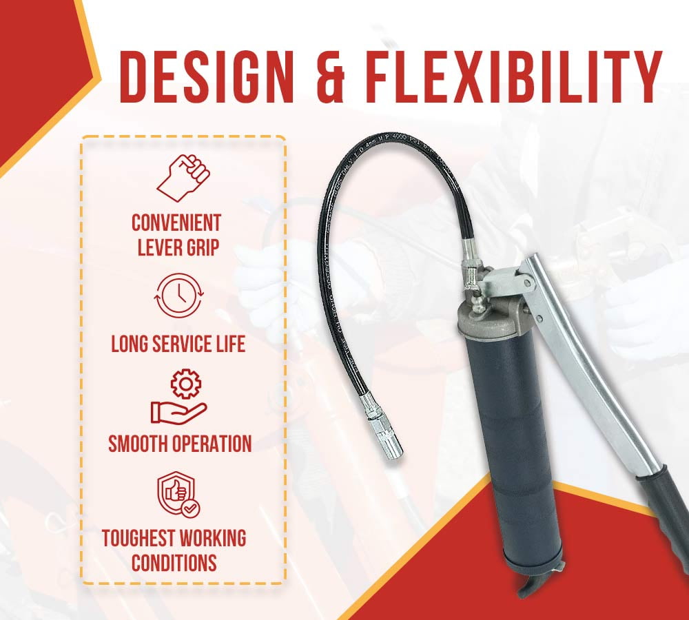 Lever Action Grease Gun Heavy Duty Maximum Pressure - 10,000 PSI with 18-inch Whip Hose - Aluminium Cast Head - Capacity 16 oz Bulk/ 14oz Cartridge
