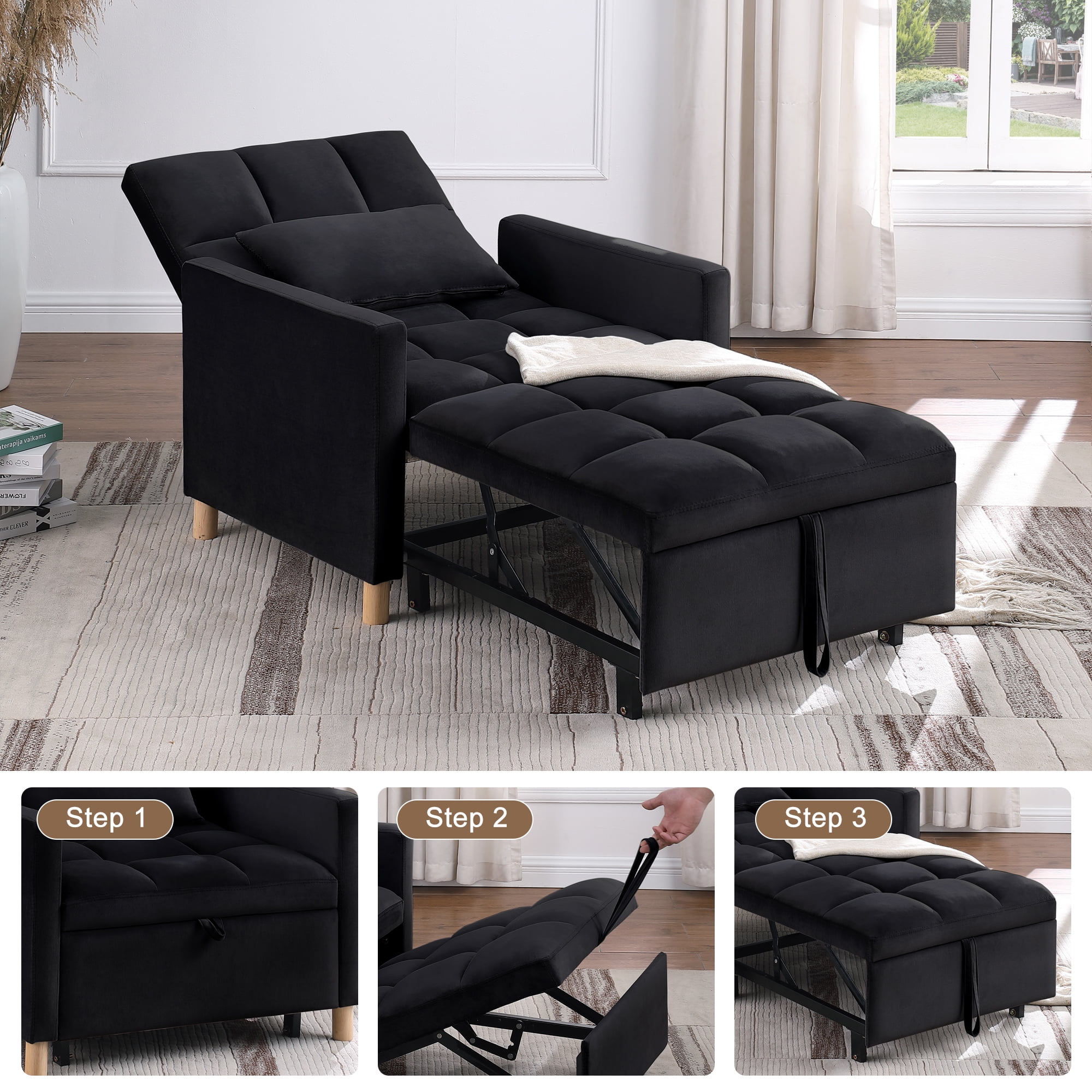 Aukfa 3-in-1 Sleeper Chair, Convertible Pull Out Chair Bed for Small Space, Black