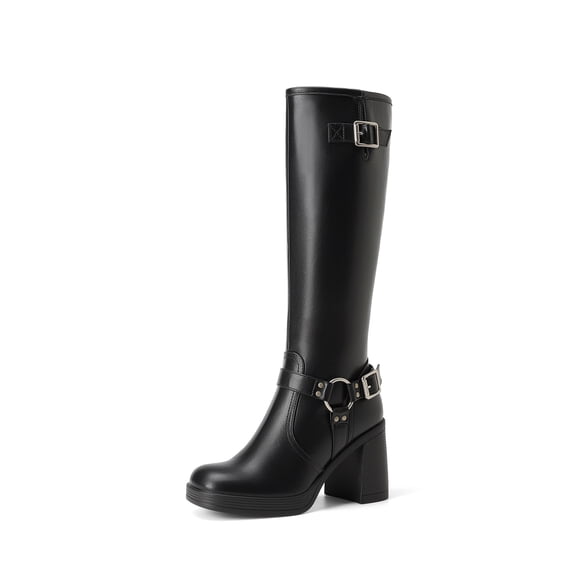 DREAM PAIRS Women's Platform Knee High Boots, Chunky Block Heel Boots with Square Toe, Side Zipper and Buckle Details