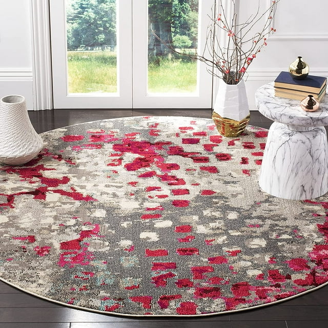 Safavieh Monaco Collection MNC225R Tapis Rond Moderne Abstrait Aquarelle Gris et Rose Fuchsia (6 Pieds7 Pouces de Diamètre)