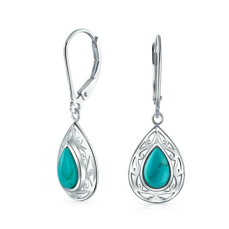 - Bali Style Stabilized Turquoise Pear Shaped Leverback Scroll Filigree Drop Dangle Earrings For Women Sterling Silver