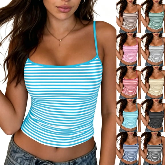 Cekizud Tank Tops for Women Round Neck Striped Summer Cami Top with Thin Straps, Sizes S-2XL