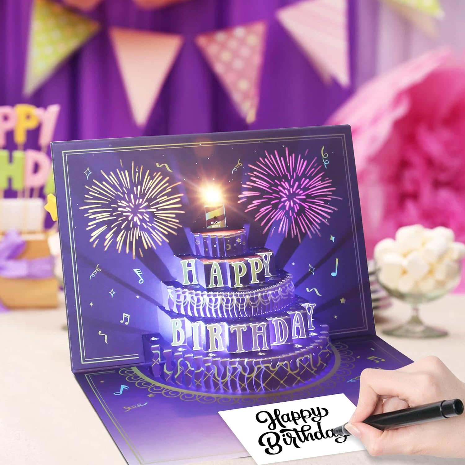 Happy Birthday Cards Fireworks, Lights, Music and Sound Fireworks Cake 3D Pop Up Birthday Cards Gift with Envelope and Note Tag for Women, Men, Kids, Wife, Mom, Husband