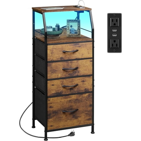 4 Drawer Dresser for Bedroom 37 H Nightstand with Charging Station and Led Light Tall Night Stand Bed Side Table End Table with USB Ports and Outlets Fabric Bins Wood Shelf Rustic Brown