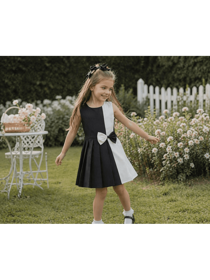 Sunny Fashion Girls Dress Color Block Contrast White Black Bow Tie 6 -  Walmart.com