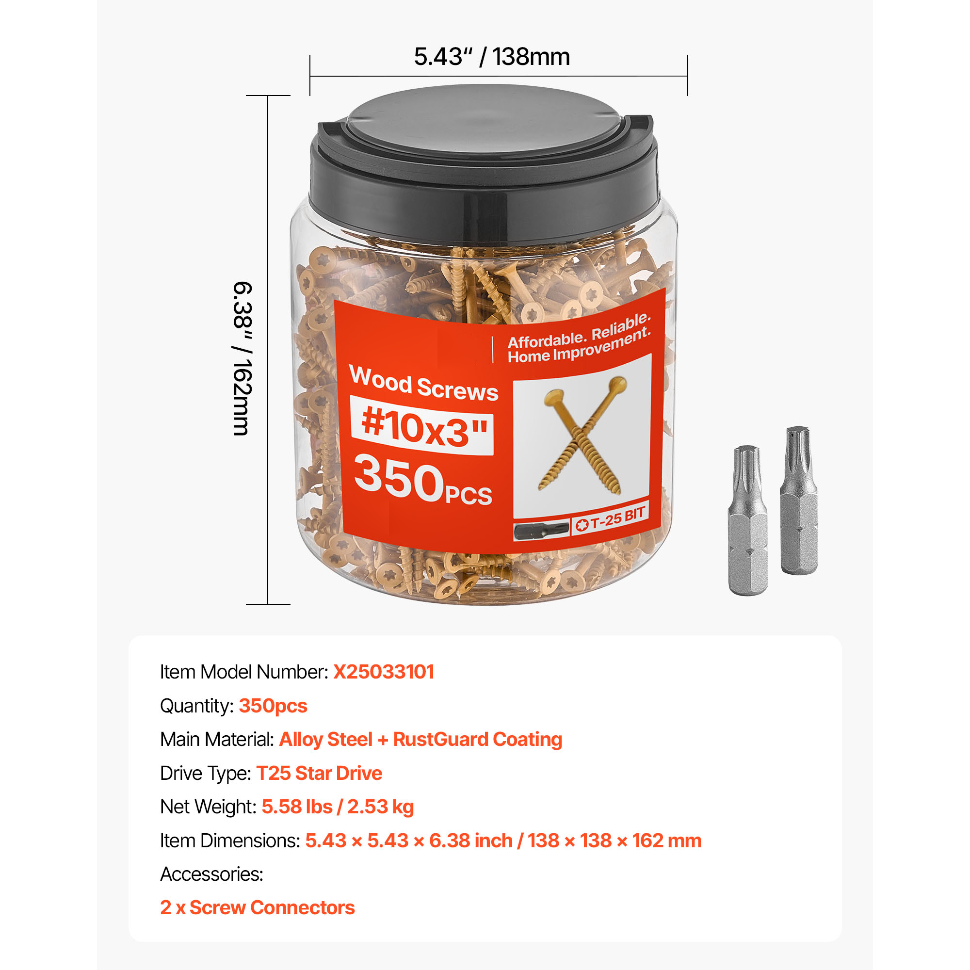 KFFKFF 350 PCS Wood Screws, #10 x 3-Inch, Rust-Resistant Coated Deck Screws with Torx/T25 Star Drive, Outdoor Screws with 2 Screw Connectors for Decking, Fencing, and Framing