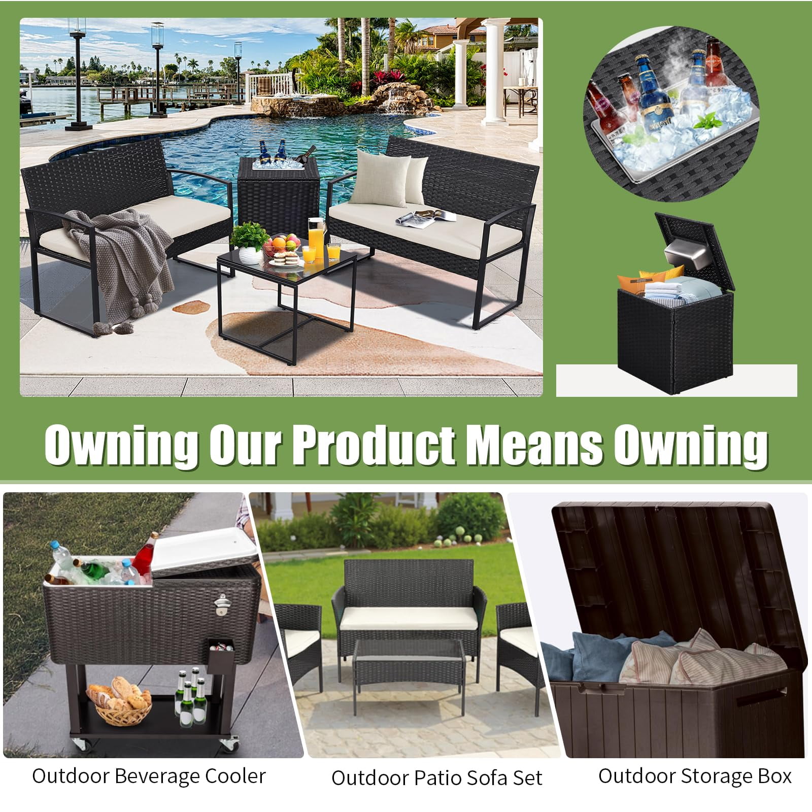 4 Piece Outdoor Patio Furniture Set,Wicker Conversation Sets Patio Sofa Couch with Built-in Beverage Cooler Storage Box & Coffee Table for Outside, Garden, Balcony, Porch,Black/Beige