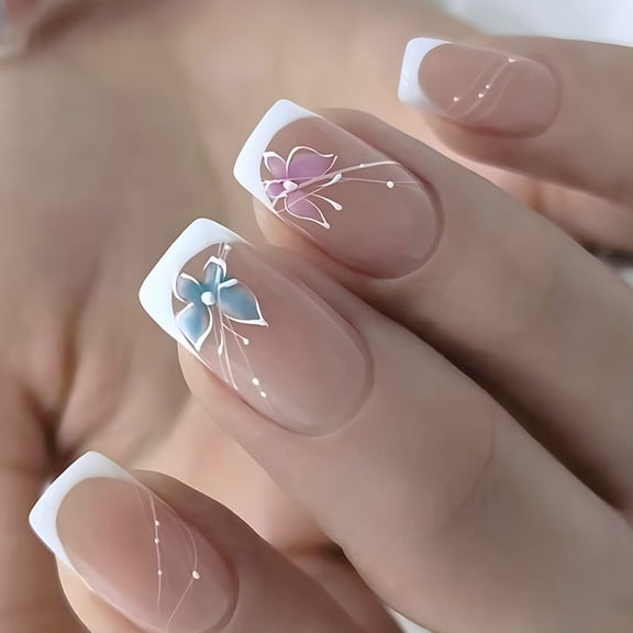 Butterfly French Manicure 24PCS Set In Various Size False Nails For Instantly Glamorously Styles Manicure