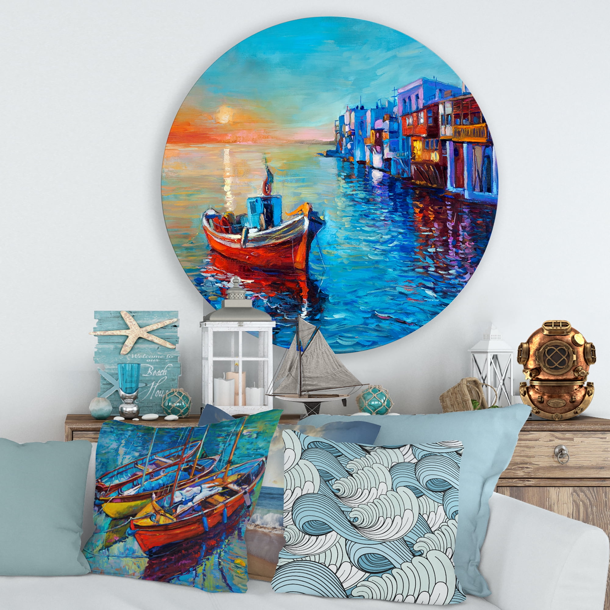 Designart 'Boats Near Coastal Town Resting On The Water I' Nautical & Coastal Circle Metal Wall Art 29x29 - Disc of 29
