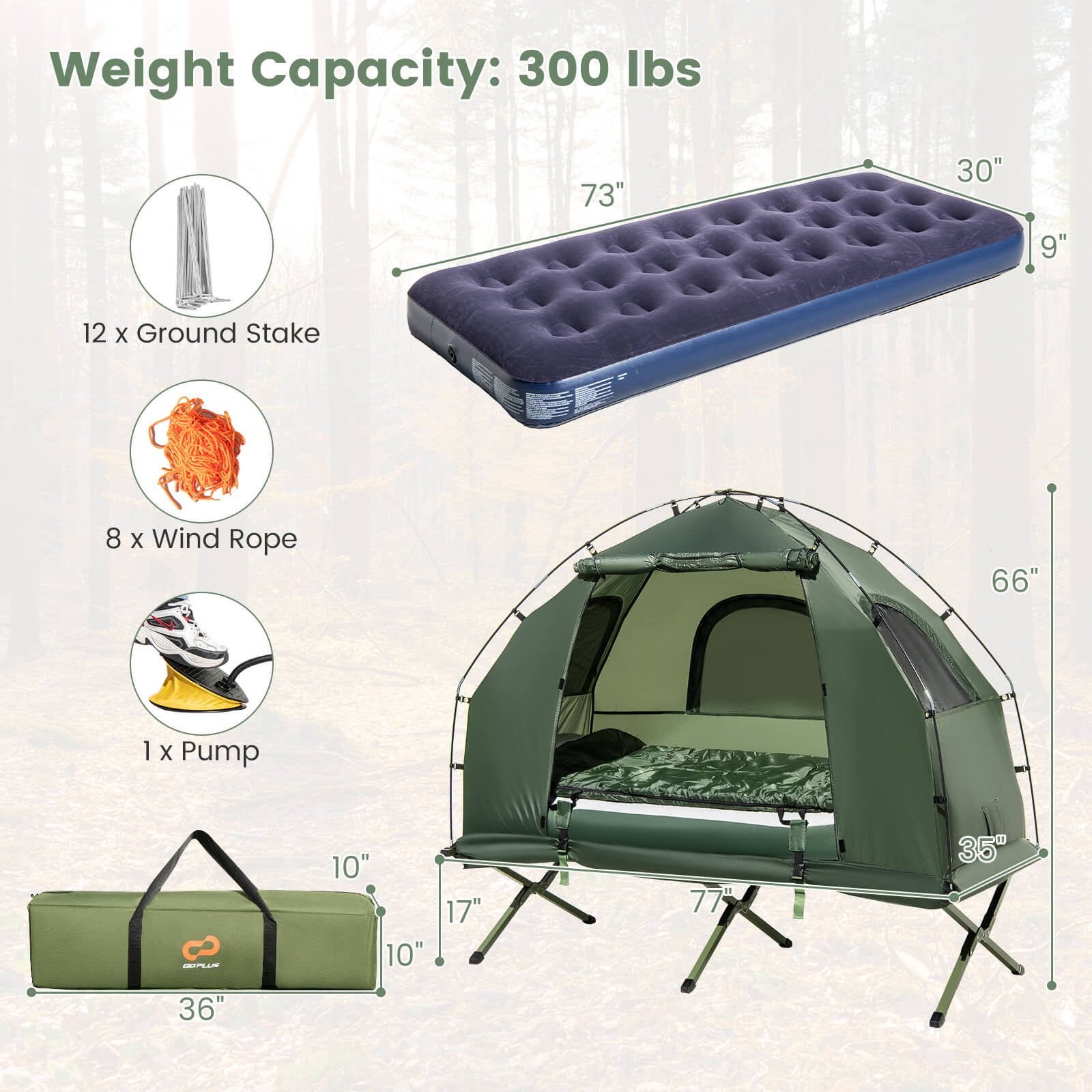 Goplus 1-Person Waterproof Camping Tent Cot with Air Mattress, Pillow, Sleeping Bag