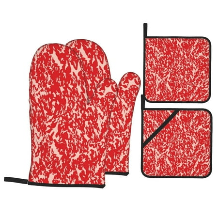 

Oven Mitts and Pot Holders Sets 4 pcs - Beef Heat Resistant Silicone Oven Gloves with Non-Slip Silicone Surface and hot pads for kitchen Baking Cooking BBQ