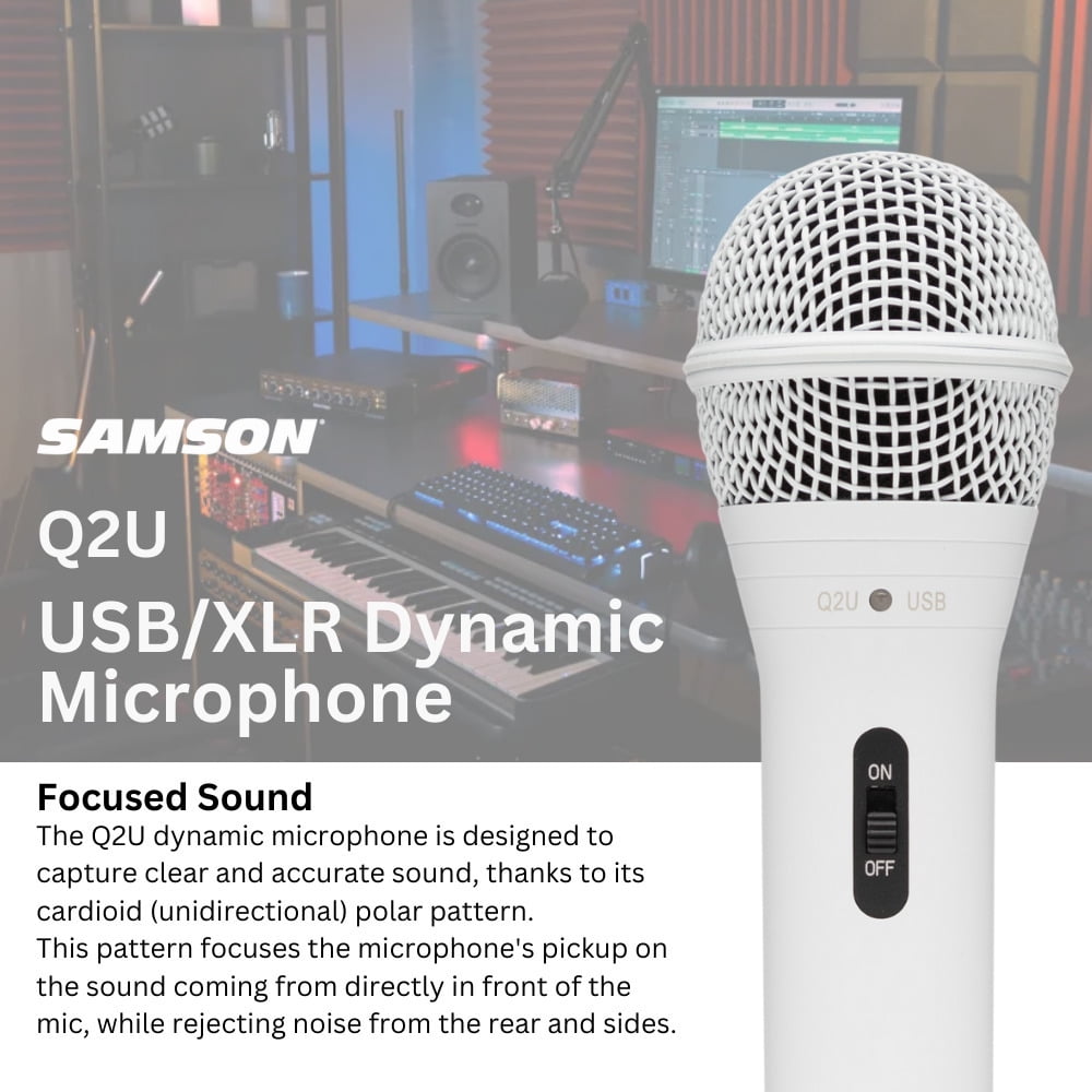 Samson Q2U USB and XLR Handheld Dynamic Microphone with Cardioid Polar Pattern (White) Bundle with Focus Pro Audio Shock Mount (White) and Focus Pro Audio Desktop Boom Arm Microphone Stand (3 Items)