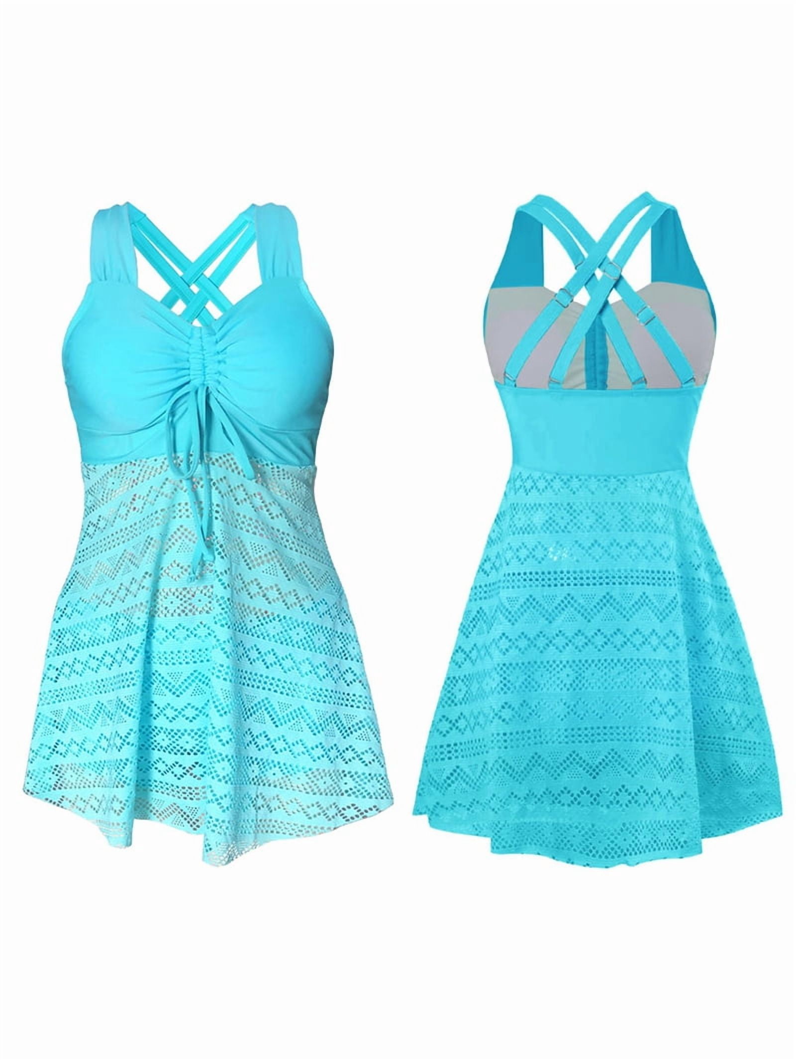 Womens Plus Size High Waist Skirted Swimsuit Tummy Control Lace Mesh Top and Swim Bottoms Mint Green XXL