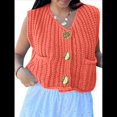 thumbnail image 3 of Cárdigan Corto de Punto Sin Mangas para Mujer 2025, Suéter Informal de Crochet con Botones y Bolsillos Naranja M, 3 of 10