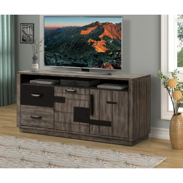 FC Design TwoTone Industrial 63" TV Stand with Soundbar Shelf, Drawers