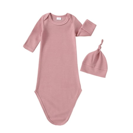 

TheFound Newborn Baby Boy Girl Nightgown Long Sleeve Knotted Sleeping Bags with Hat Infant 2Pcs Coming Home Outfits