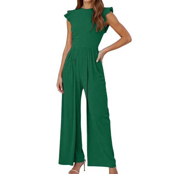 Women's Summer Jumpsuit Casual Dressy Romper Round Neck Pure Color Outfit for Daily Wear and