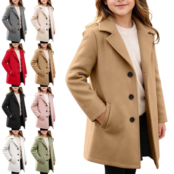 WAVSUF Girls Wool Trench Coat, Long Sleeve Mid Length Side Pockets Fall Winter Lapel Single Trench Brown 7-8