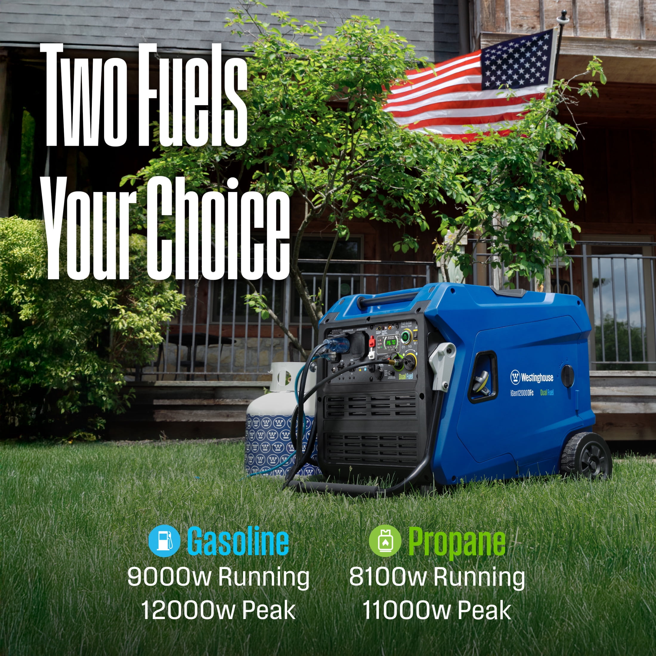 Westinghouse 12,000 Peak Watt Portable Inverter Generator, Dual Fuel, Remote Start with CO Sensor