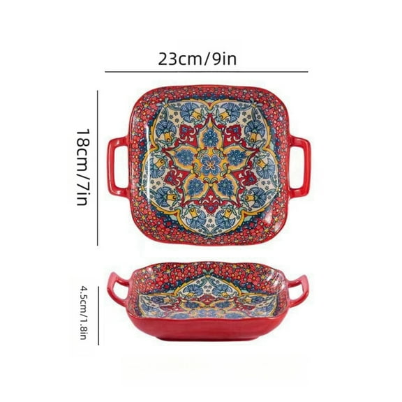 1 piece of 9-inch Bohemian style salad plate with double ear ceramic pasta dish, can be used for oven, microwave