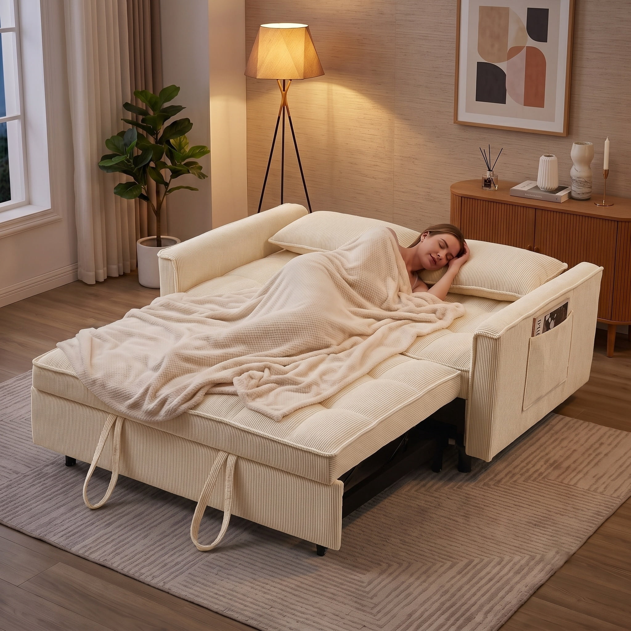Howcool Sleeper Sofa Bed, Pull Out Couch, 3-in-1 Convertible Loveseat Sofa with Adjustable Backrest, Corduroy Couch for Living Room, Apartment & Small Space, Beige