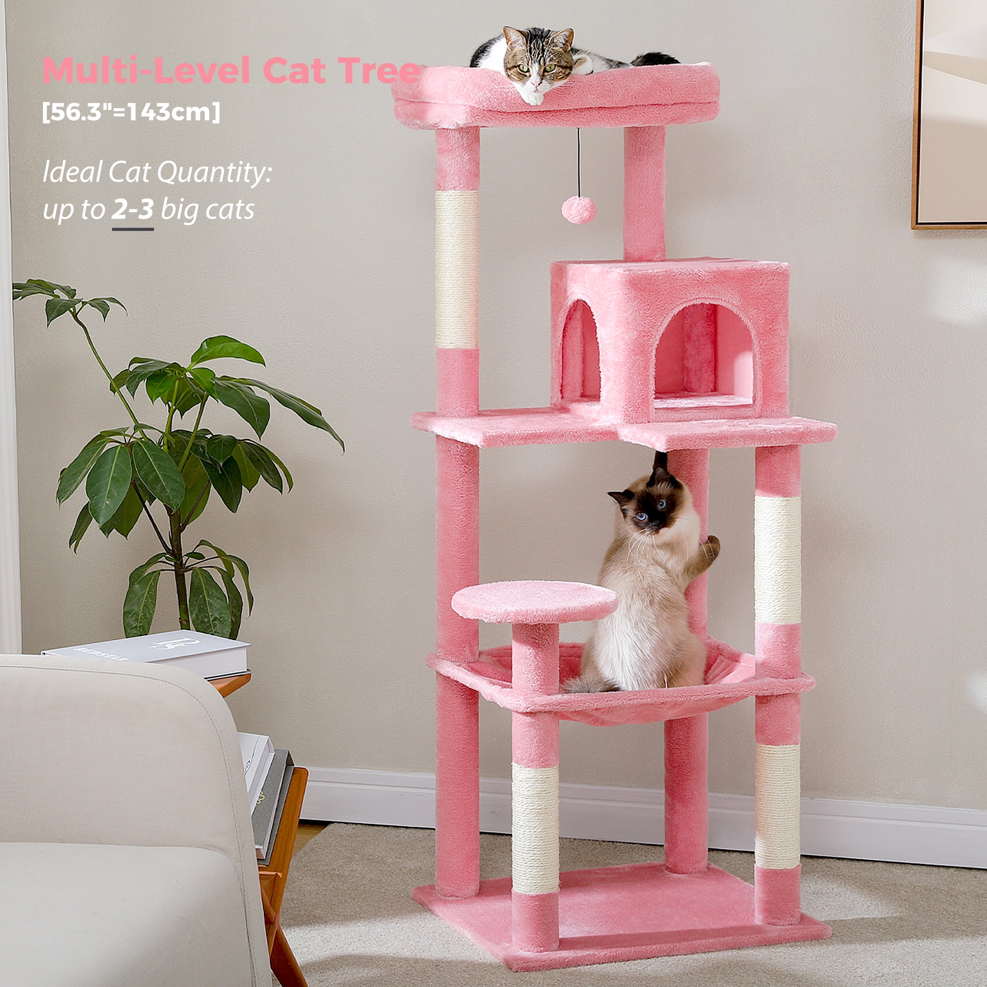 Pefilos 56" Wooden Cat Tower House for Large Cats Cat Tree for Indoor Cats with Cozy Cat Condo, Super Large Hammock and Plush Perches, Pink