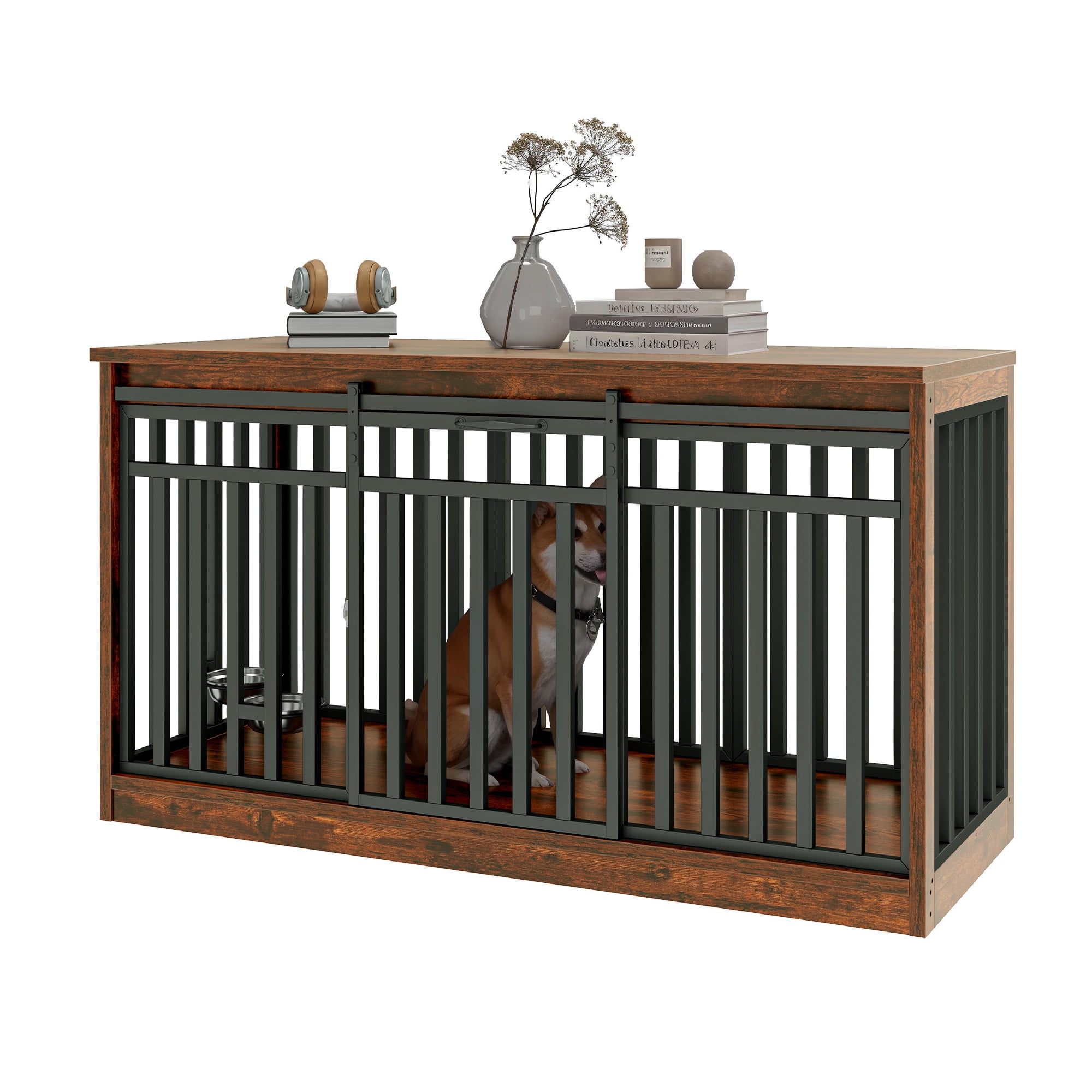 ModFusion 55" Sliding Door Dog Crate Furniture – Heavy-Duty Metal Frame & Vintage Wood Top, Fits Large Dogs up to 110 lbs