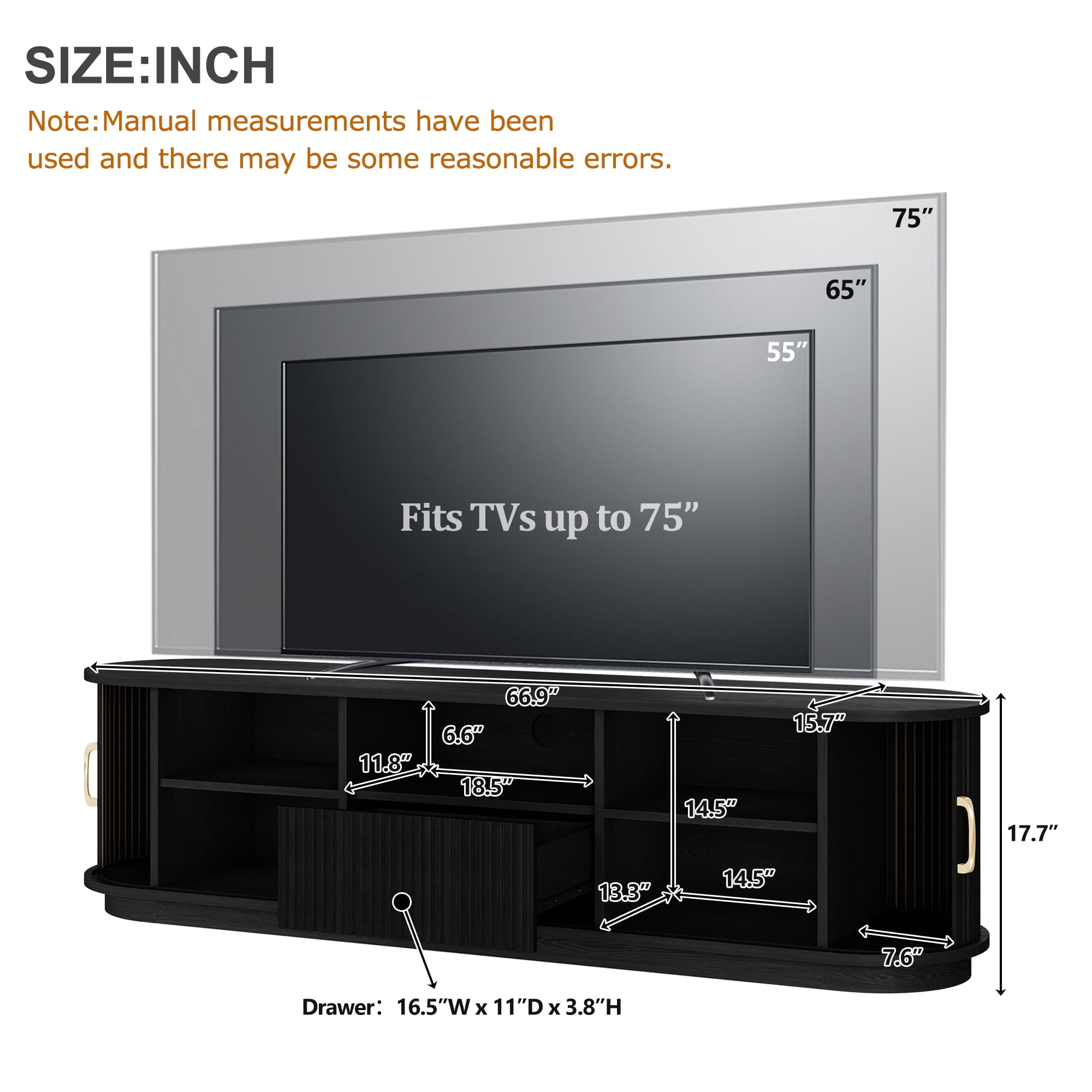 Aukfa Fluted TV Stand for TVs up to 75", Wood Entertainment Center with Sliding Doors for Living Room,Black