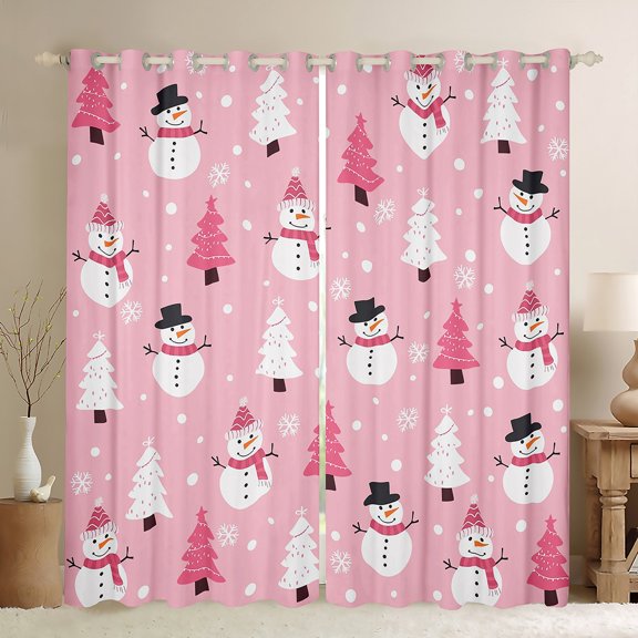 Manfei Xmas Tree Snowman Curtains Pack of 2 (42x84 Each) for Girls, Pink Merry Christmas Curtains Blackout, Kawaii Snowflakes Living Room Curtains, Luxury Room Decor