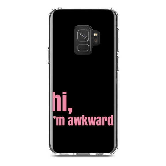 DistinctInk Clear Shockproof Hybrid Case for Samsung Galaxy S9 (5.8" Screen) - TPU Bumper, Acrylic Back, Tempered Glass Screen Protector - Black Pink "hi, I'm awkward."