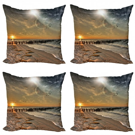 Space Throw Pillow Cushion Case Pack of 4, Solar Eclipse on Beach Ocean with Horizon Sun Moon Globe Gulls Flying View, Modern Accent Double-Sided Print, 4 Sizes, Cream Orange, by