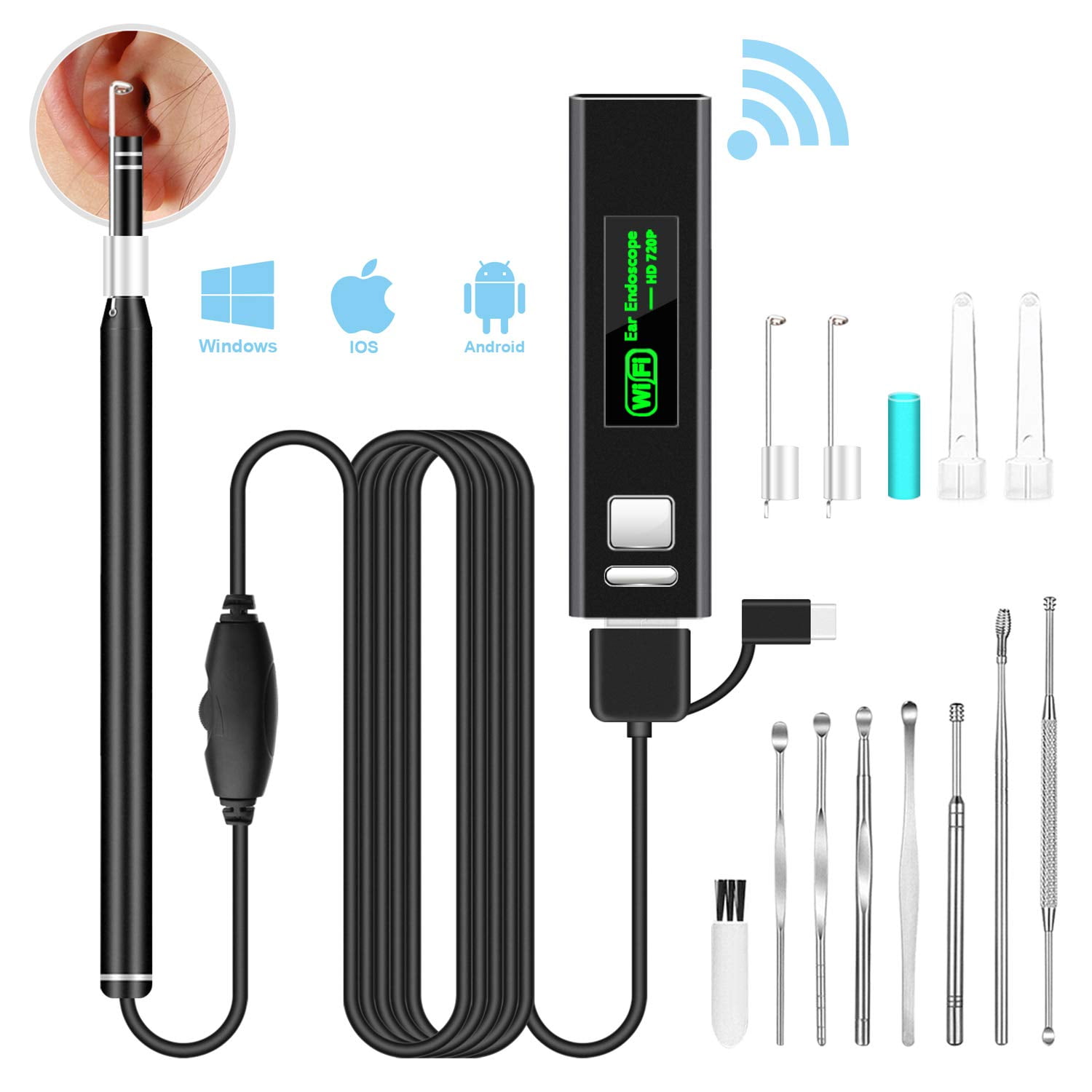 C 3 in 1 Super ear cleaning camera kit,easy to use USB otoscope endoscope by one,1080P waterproof HD visual endoscope,with earwax cleaning tool,for Android,Phone Tablet Mac,PC windows 