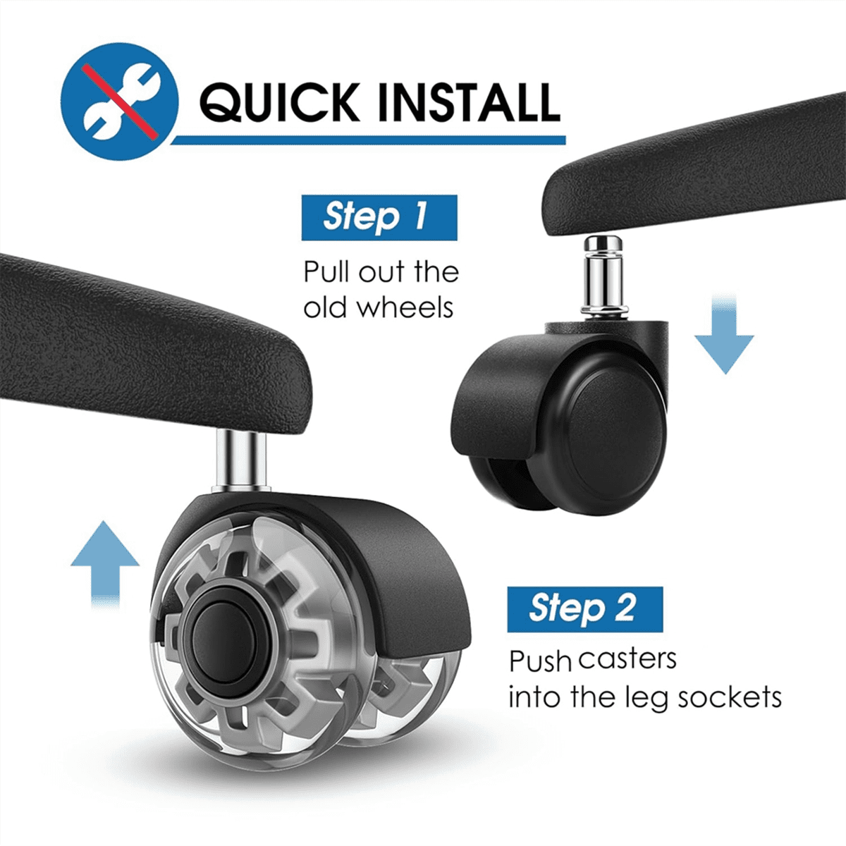 Office Chair Caster Wheels, 2 Inch Heavy Duty Replacement Wheels, Soft & Quiet Rubber for Hardwood Floors & Carpet