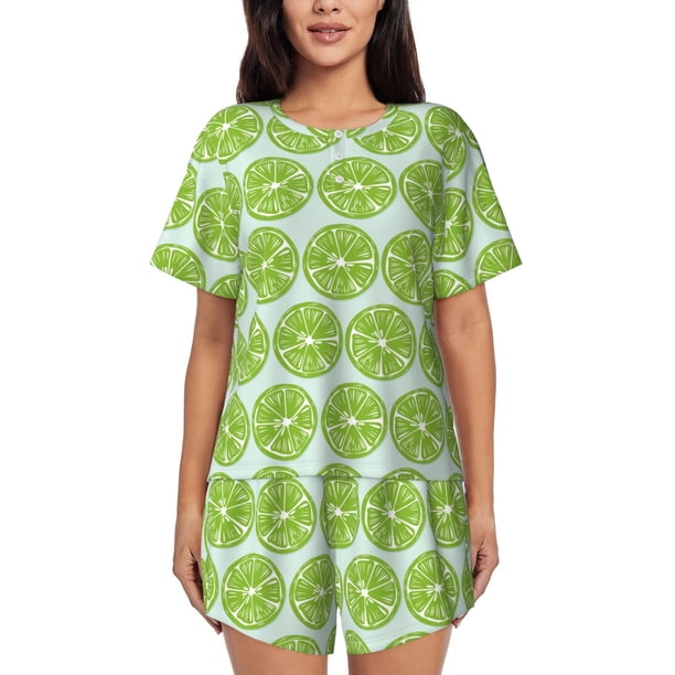 Fotbe Green Lemon Slices Conjunto de Pijama Estampado para Mujer, 2 Piezas, Ropa de Dormir con Camiseta de Manga Corta y Shorts Suaves-Large