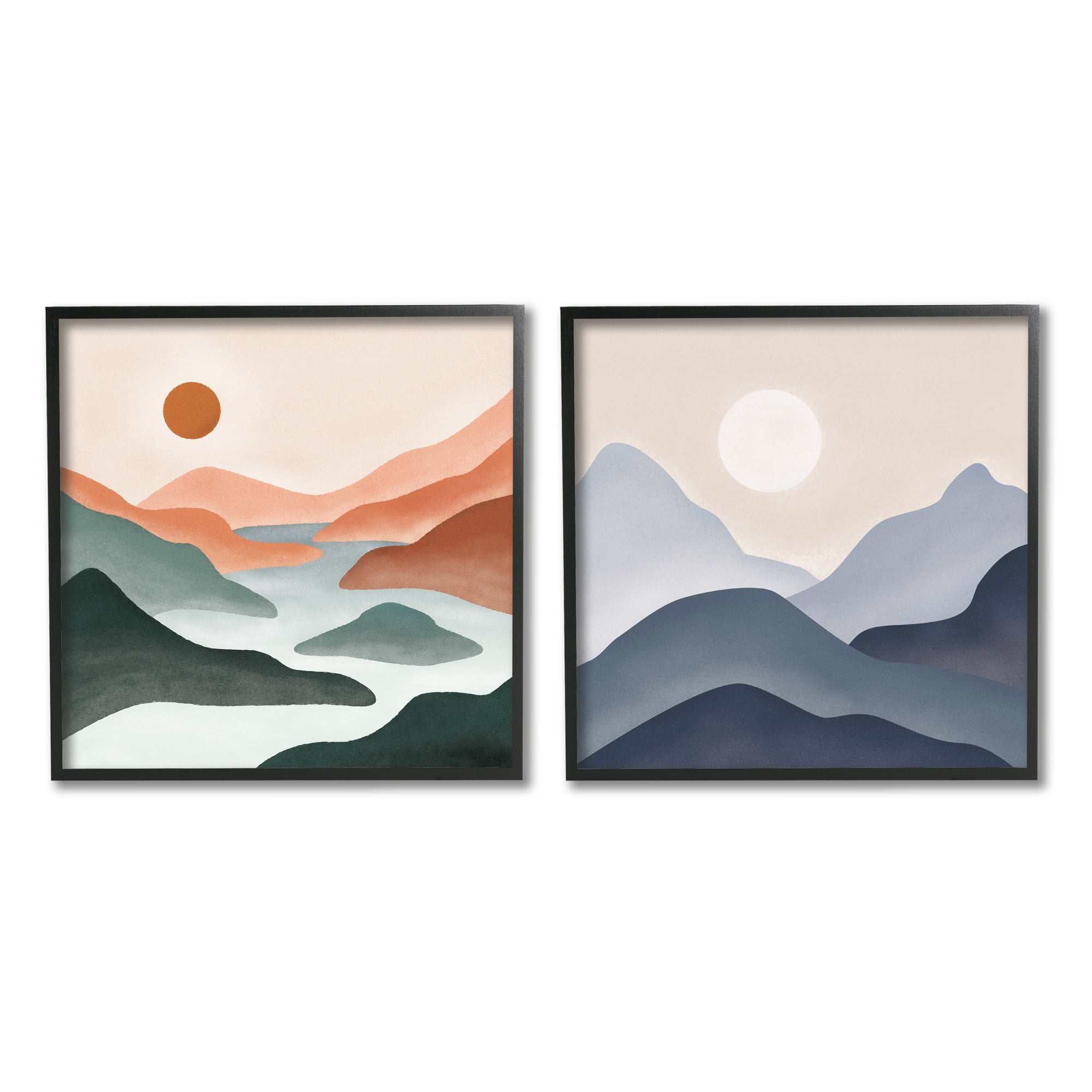 Stupell Industries Mountainous Landscape Flowing Stream River Modern Design Painting Black Framed Art Print Wall Art, Set of 2, Design by JJ Design House LLC