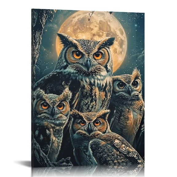 Creowell Owls Full Moon Canvas Wall Art Home Decor 12x16 16x20 12x16in