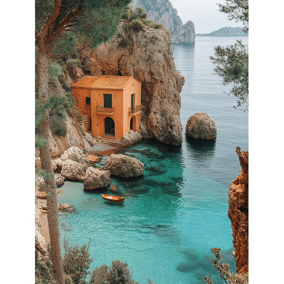 Mediterranean Coastal House Canvas Print/Wall Art, Suitable for Living Room, Bedroom, Office, Bathroom, and Beach House Decor.