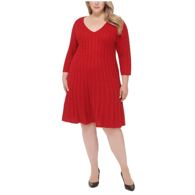 Jessica Howard Womens Cable Knit Sweater Dress, red, Plus Size, 1X