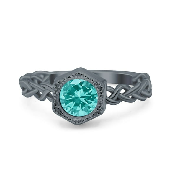 Art Deco Hexagon Round Ring Black Tone Paraiba Tourmaline CZ 925 Sterling Silver Size 5