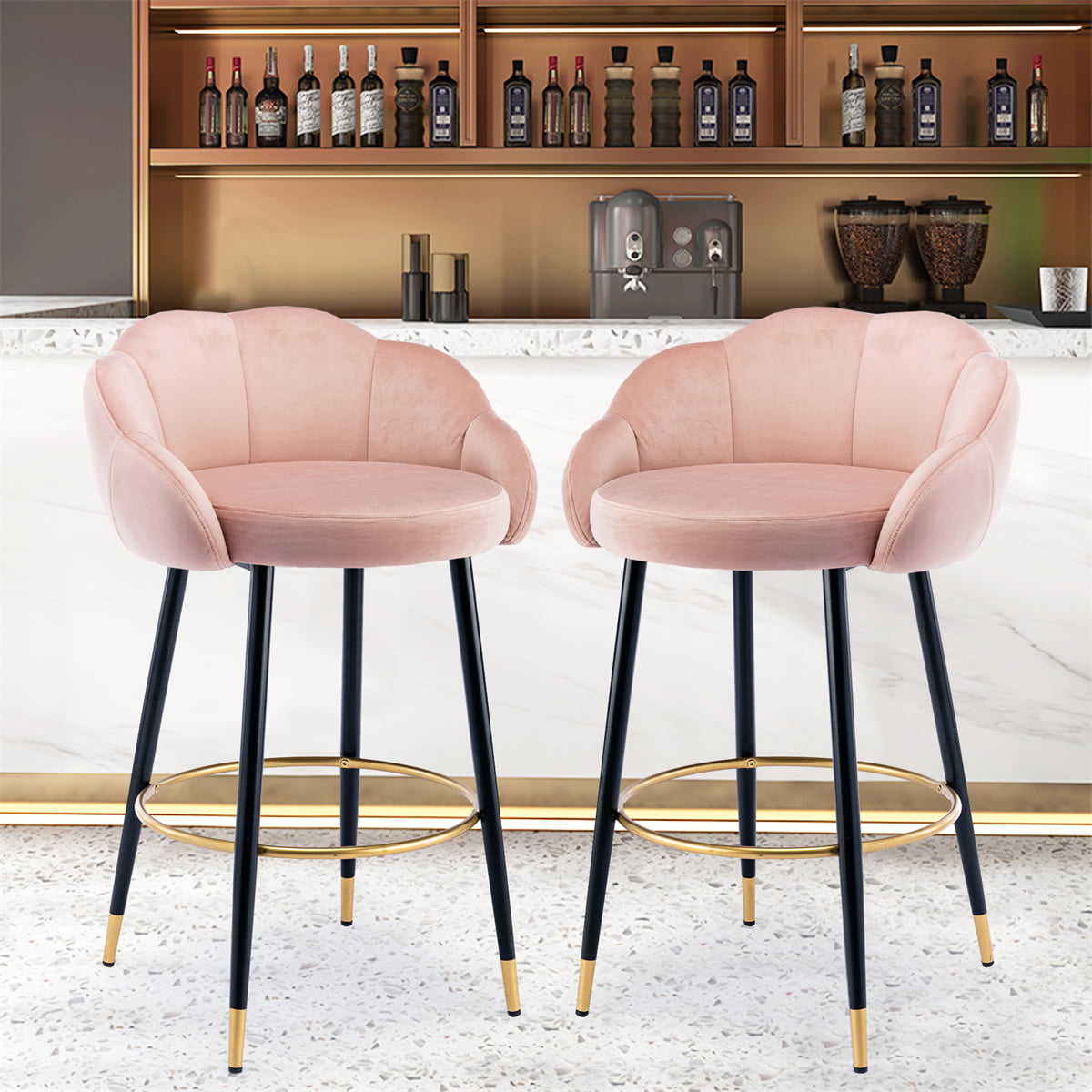 Arcticscorpion 2Pcs Bar Stools With Back And Footrest, Counter Height  Dining Chairs, Stylish Comfy Chairs With Black Gold Metal Legs, Velvet  Upholstered Barstools For Kitchen Home Bar Pub, Pink - Walmart.Com