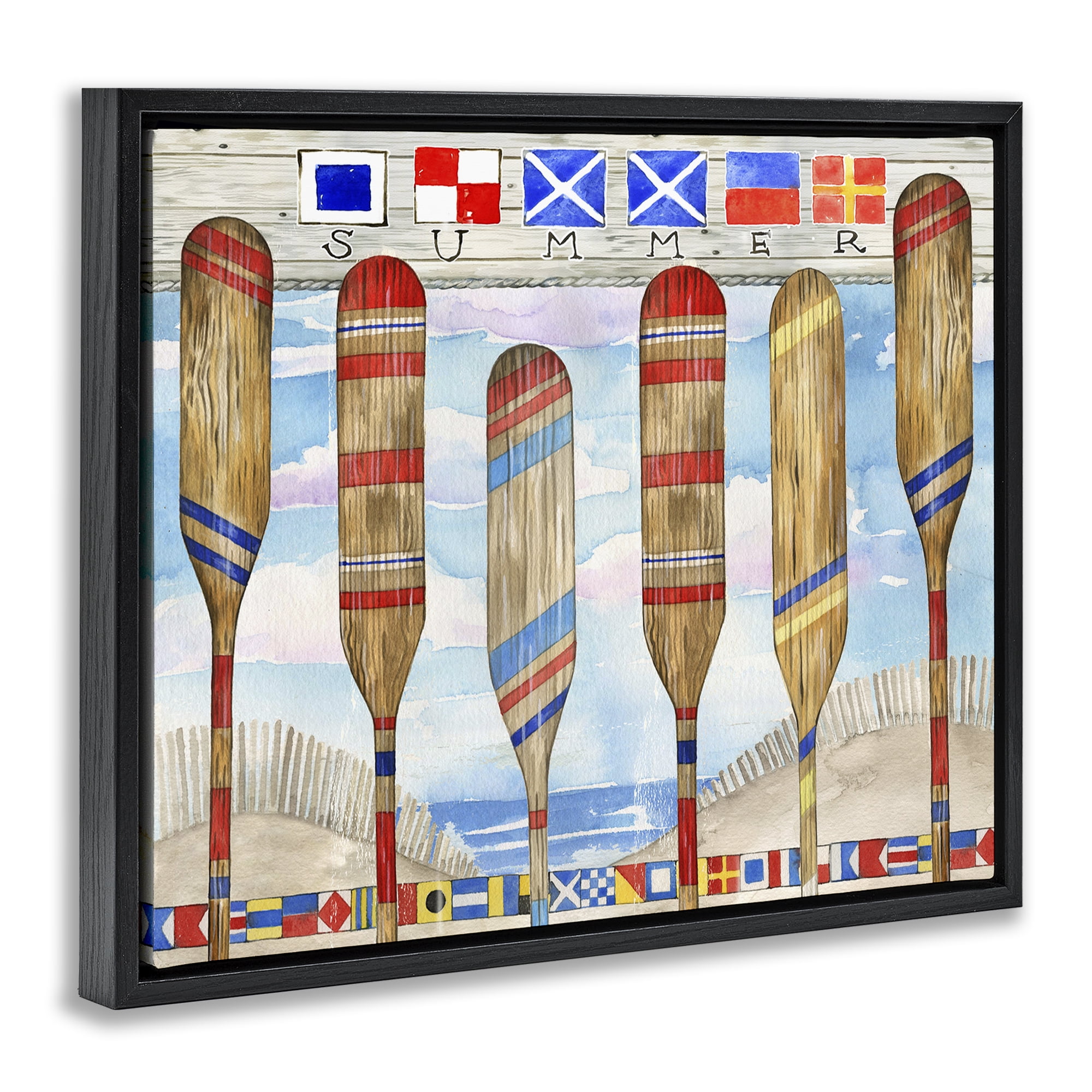 Stupell Industries Nautical Flags & Paddles Nautical & Beach Painting Black Floater Framed Canvas Art Print Wall Art, 21 x 17