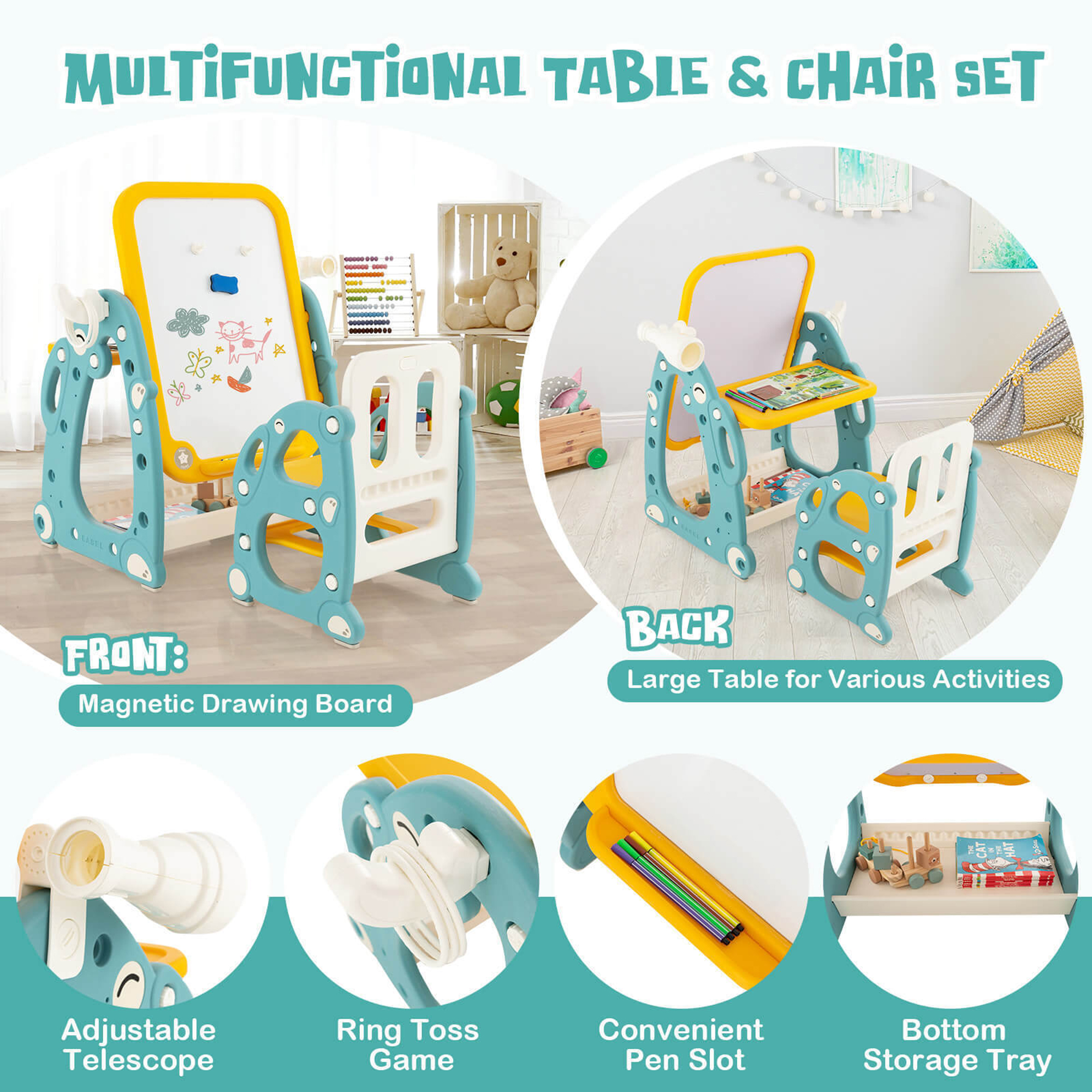 Gymax Kids Art Easel with Chair Kids Activity Table & Chair Set w/ Storage Basket