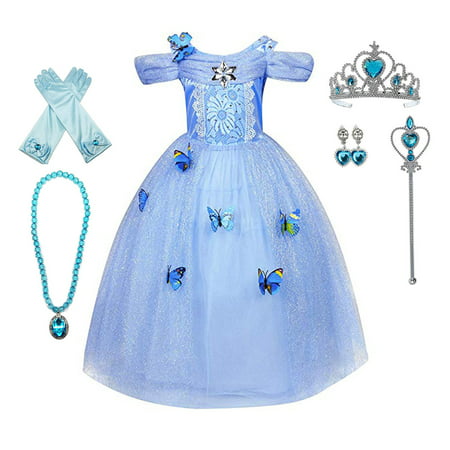 Girls Princess Cinderella Belle Aurora Jasmine Dress Up Costume Halloween Fancy Dress with Accessories