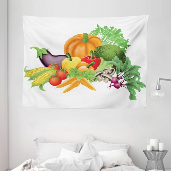 Harvest Tapestry, Cartoon Drawing Style Fall Harvest Yield Fresh and Tasty Vegetables Bell Peppers, Wall Hanging for Bedroom Living Room Dorm Decor, 80W X 60L Inches, Multicolor, by Ambesonne