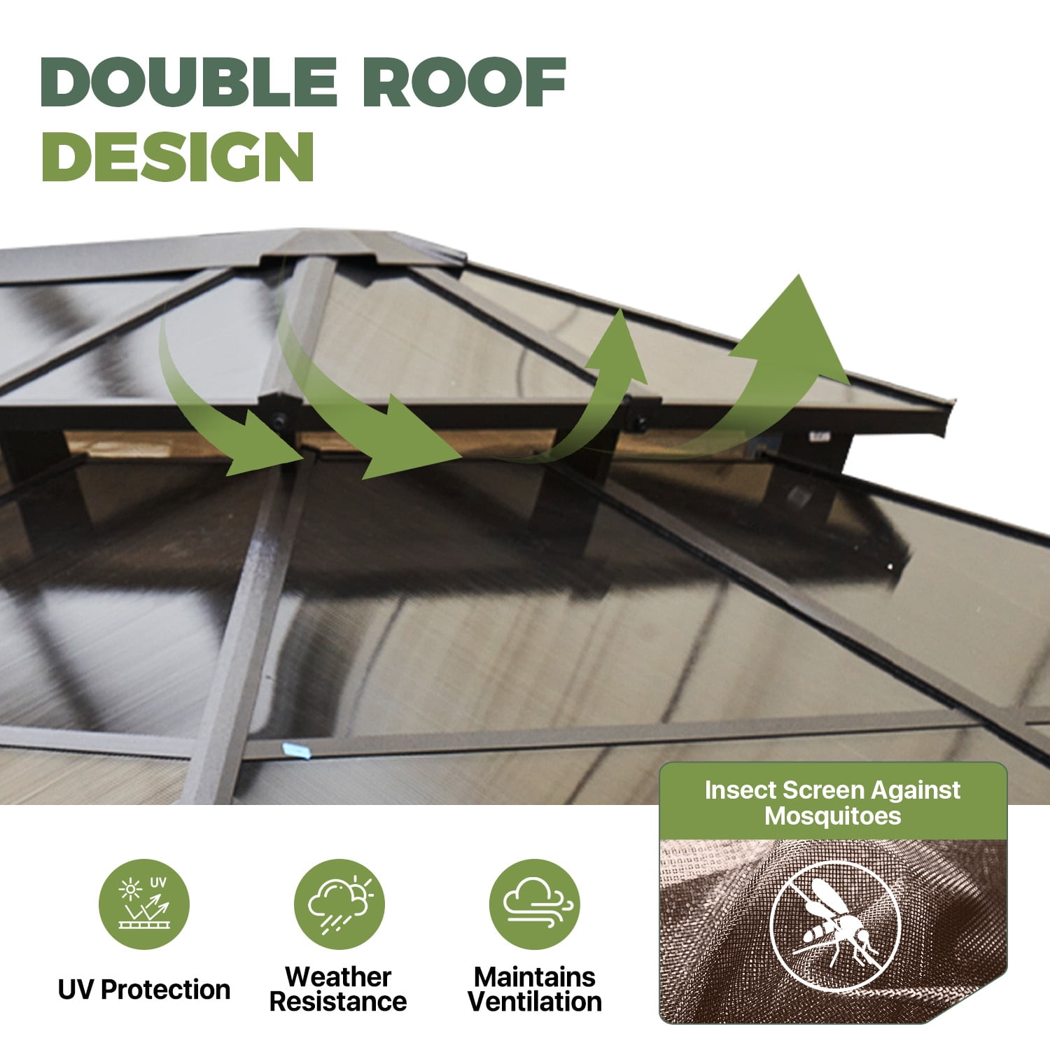 BaPiPro 16x12 FT Outdoor Gazebo, Double Roof Polycarbonate Hardtop, Iron Frame, Bronze Brown, UV Protected, Weather Resistant, for Patio Backyard Deck Lawn